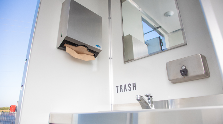 Inside Rental Save's Washroom Trailer